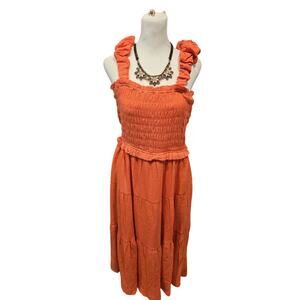 And the why gauze smocked cotton sun dress ruffle coral orange XL new boho